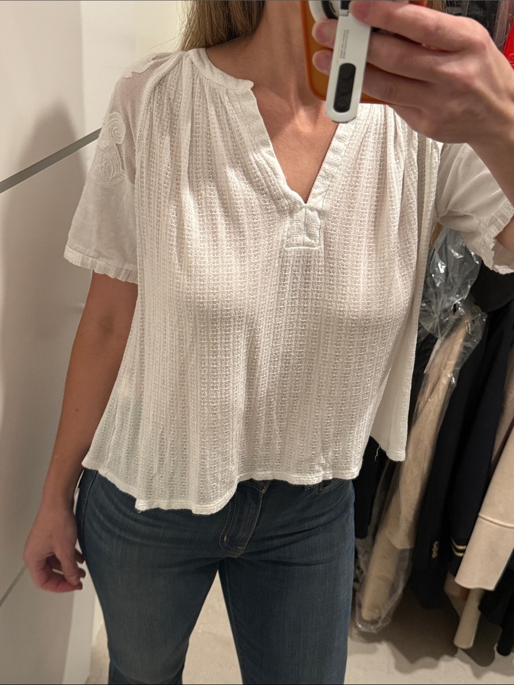 Lucky Brand White Waffle-Texture Short Sleeve V-Neck Top Small